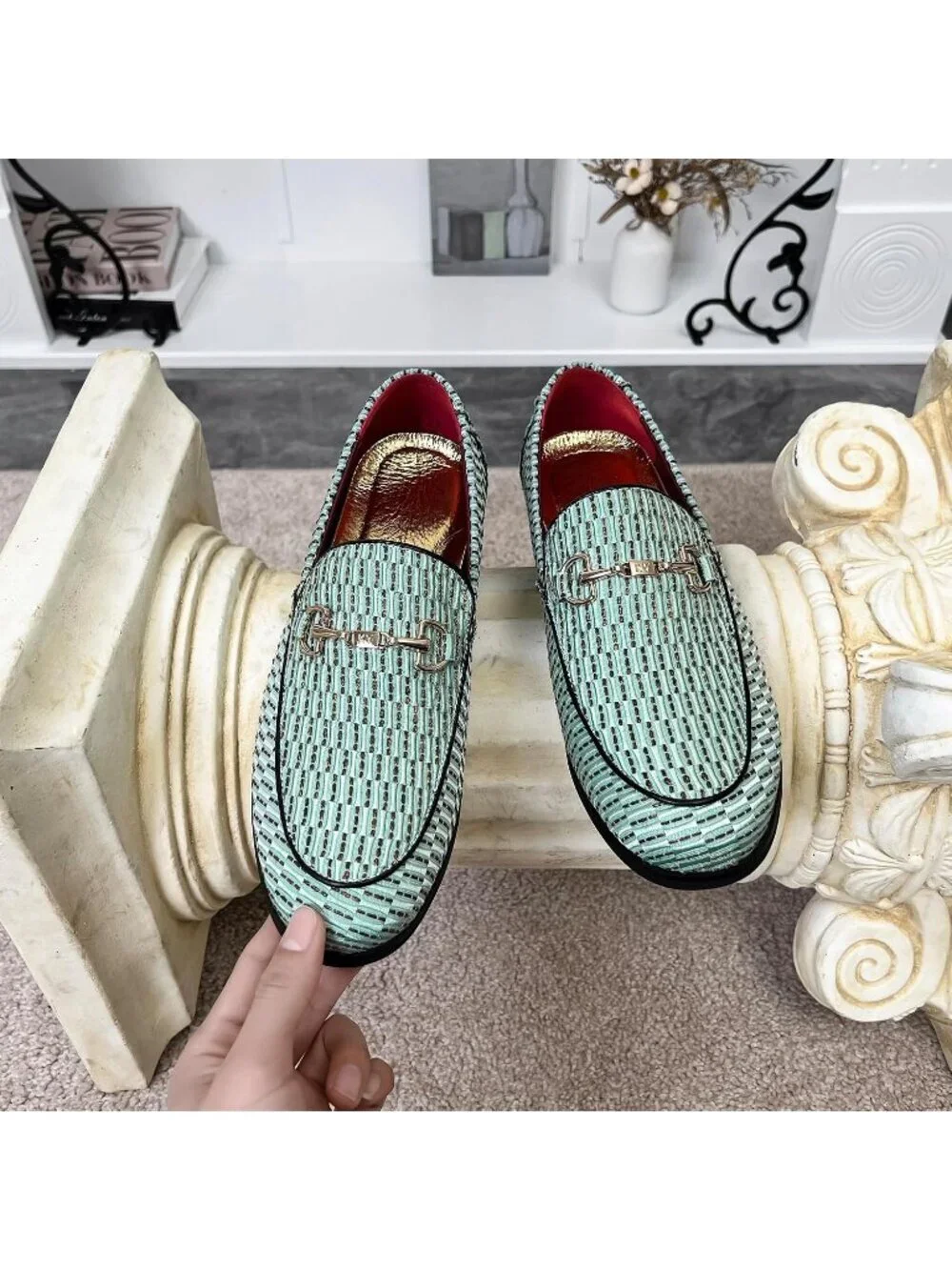 LCQL Men's Green Leather Velvet Loafer Gold Buckle Slip On Comfortable Shoes